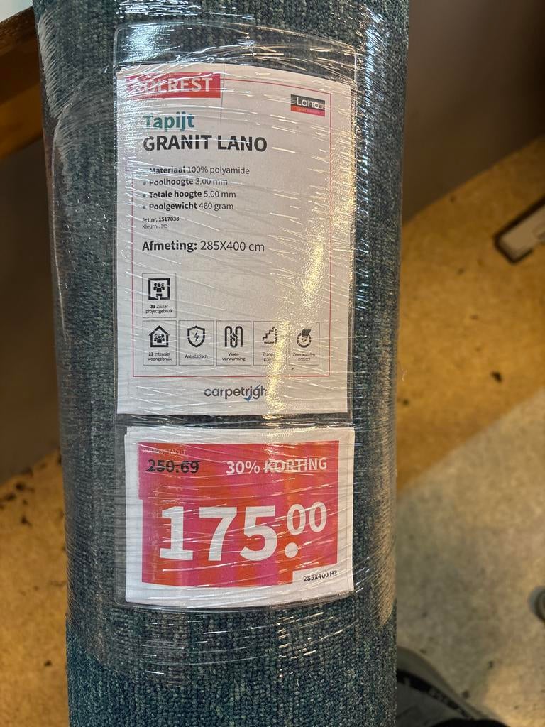 Nieuw tapijt Granit Lano 2,85m x 5m - Meeneemprijs, Ophalen, Blauw, Nieuw, 200 cm of meer
