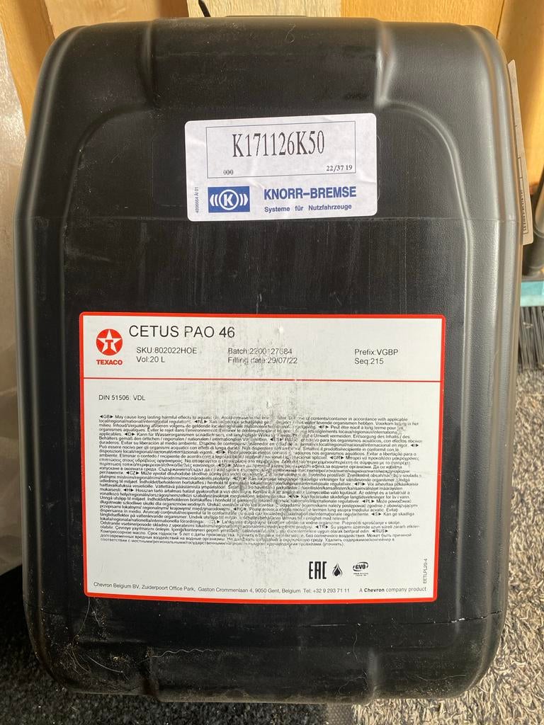TEXACO Knorr-Bremse Cetus PAO 46 Synthetische Olie 20L, Ophalen of Verzenden, Nieuw, Overige automerken