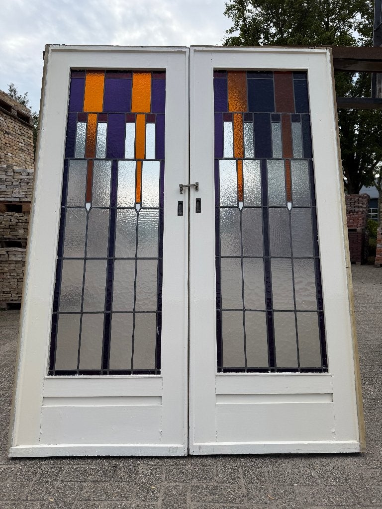 Set schuif / en-suite deuren met glas in lood 212x161cm.