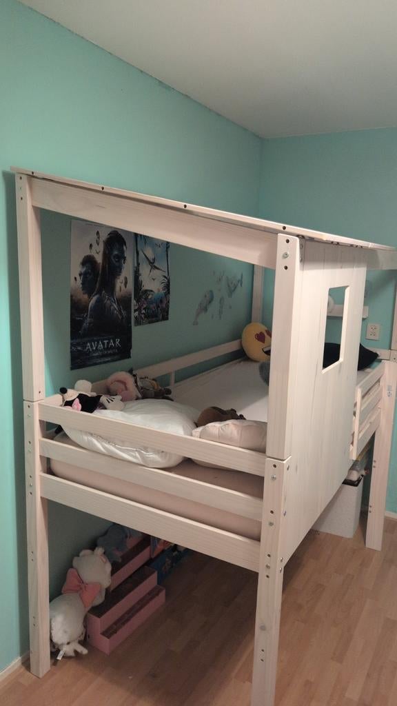 KinderBed + Half hoogslaper met trapje en dak, 90 cm, Eenpersoons, Minder dan 160 cm, Ophalen of Verzenden