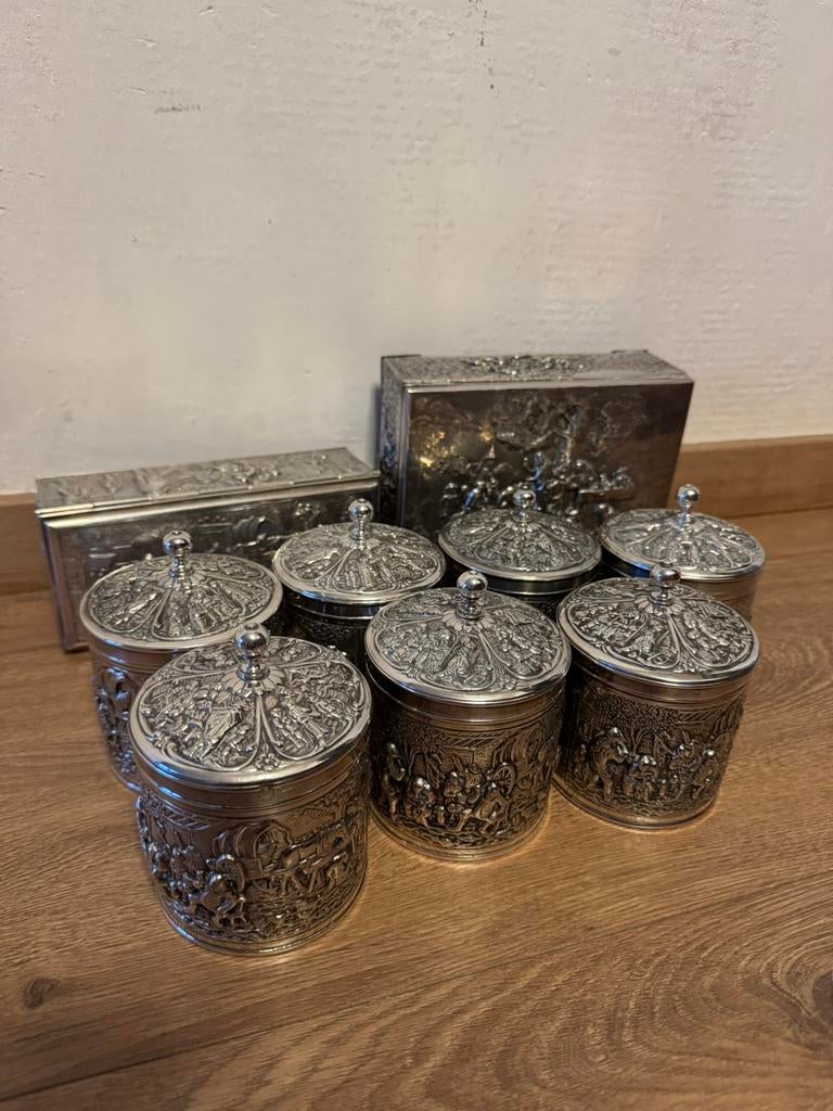 Set Douwe Egberts / H. Hooijkaas verzilverde theebussen e.d, Overige materialen, Gebruikt, Overige typen, Ophalen of Verzenden
