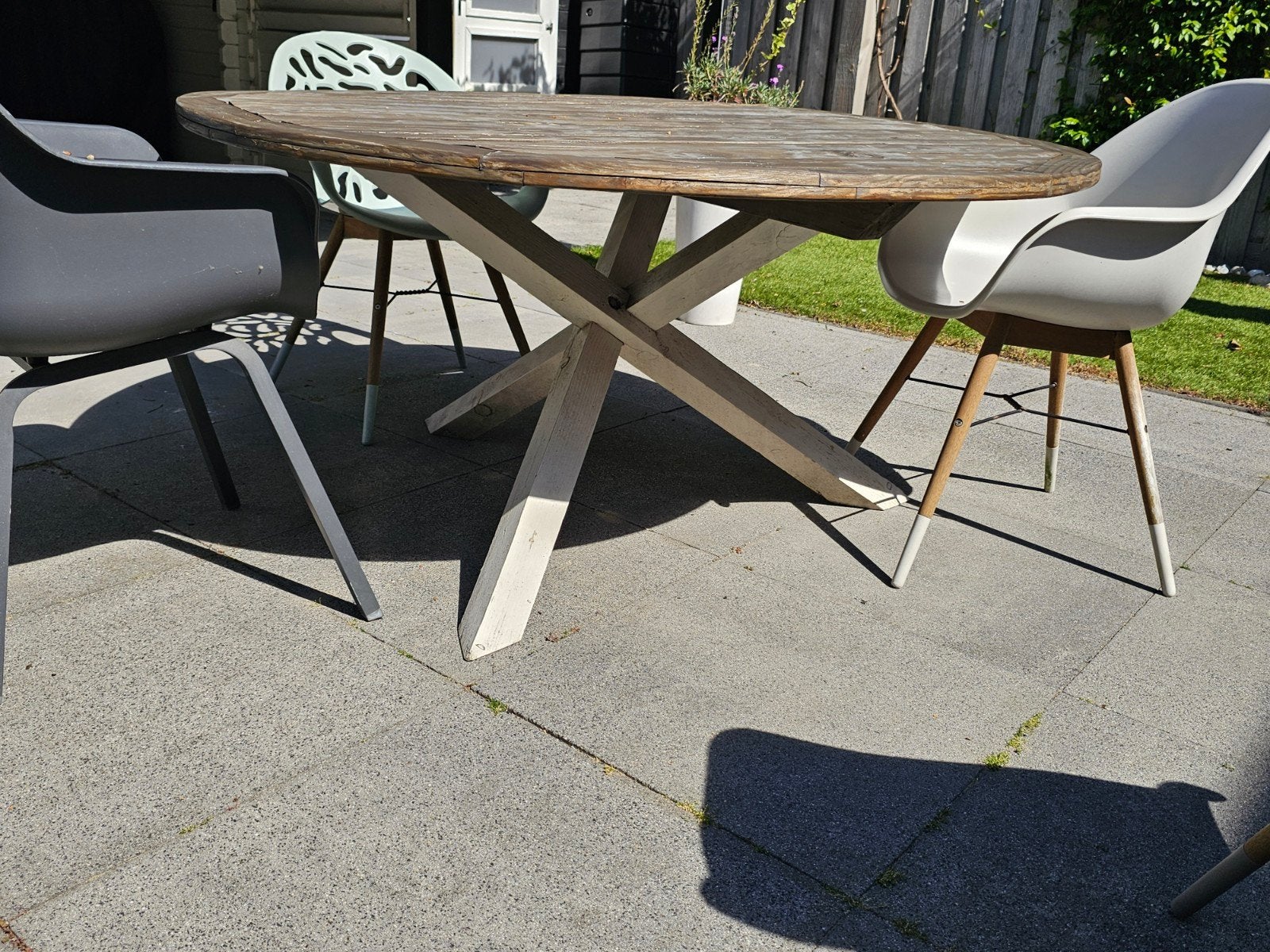Ronde tuintafel hout 148cm dorsnee, Ophalen, Gebruikt, Hout, 5 zitplaatsen