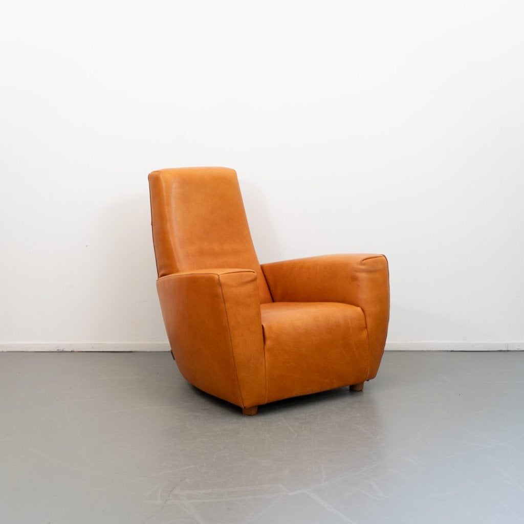 1x Label Longa Fauteuil  Cognac - Buffaloleer, Huis en Inrichting, Fauteuils, Gebruikt, Hout, Leer, 75 tot 100 cm, 75 tot 100 cm