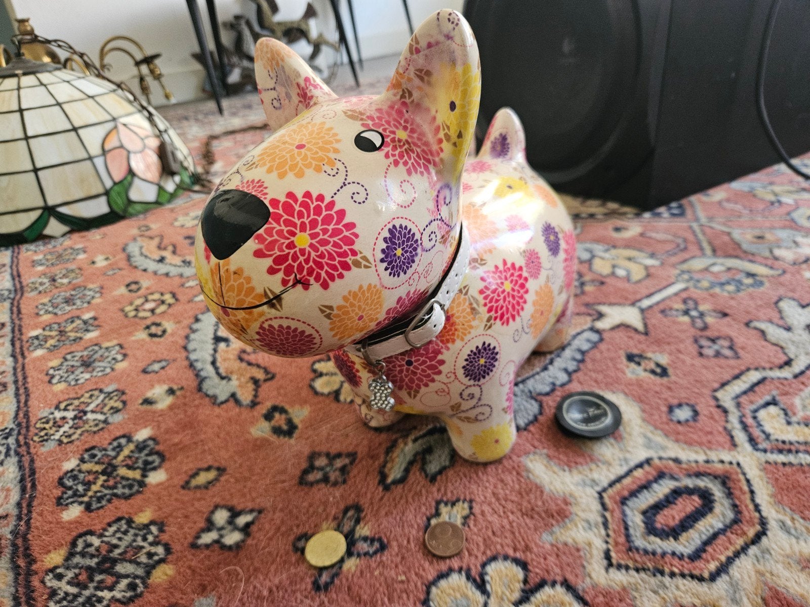 Decoratief Spaarvarken Hond met Bloemenprint, Ophalen, Gebruikt, Hond of Kat, Beeldje of Figuurtje