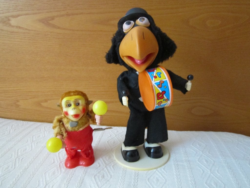 Muzikaal vintage speelgoed. Kraai en opwindbaar aapje., Ophalen of Verzenden