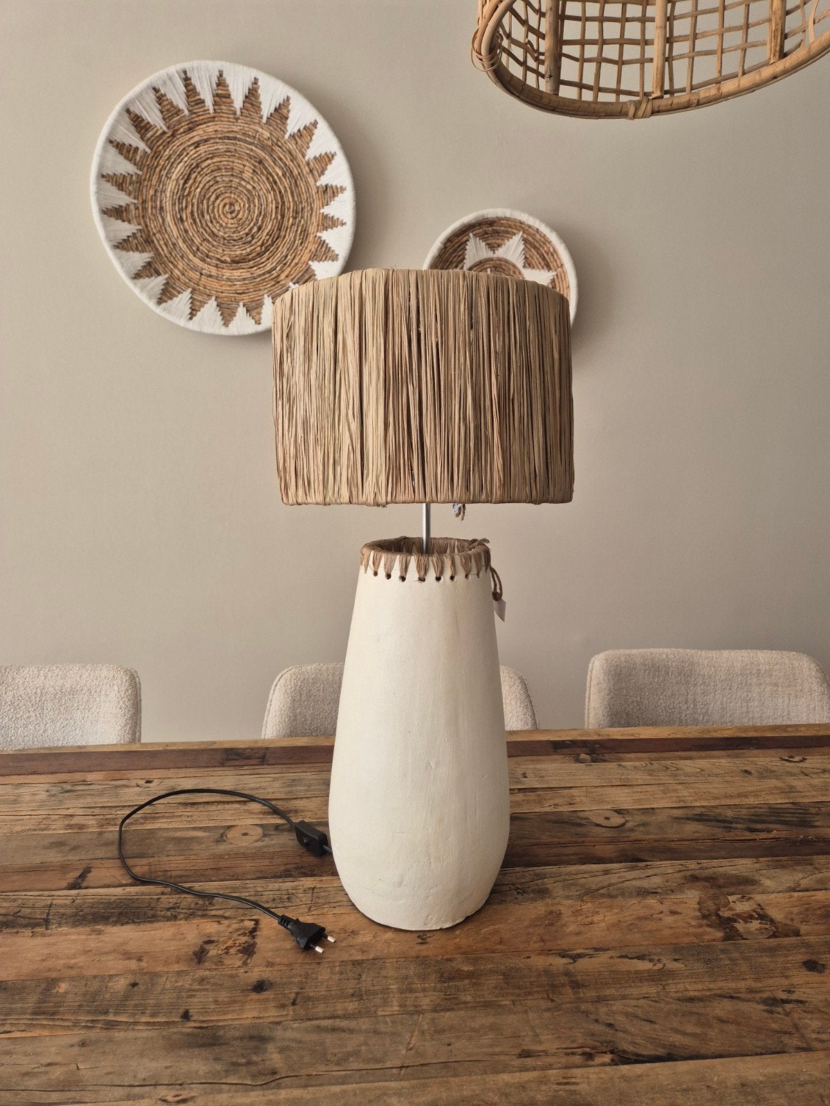 Boho Ibiza Tafellamp met Raffia Kap - Handgemaakt en Sfeervo, Ophalen, Natuurlijk materiaal, Nieuw, Wit