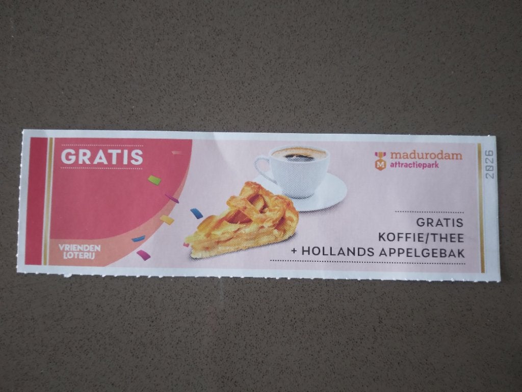 MADURODAM - bon voor gratis koffie/thee + appelgebak, Tickets en Kaartjes, Eén persoon, Cadeaubon, Arrangement, Overige typen