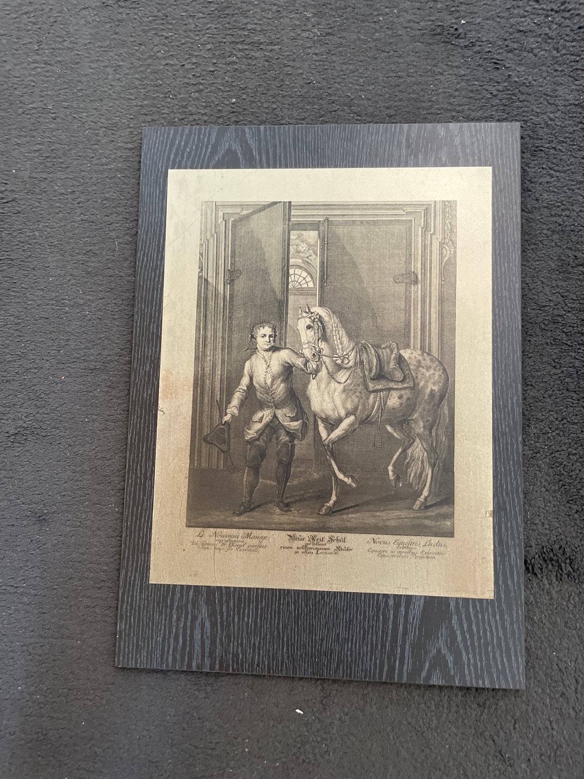 Antieke Ets: Man met Paard, 'Le Nouveau Manège', Dagelijks leven, Ophalen of Verzenden, 1700 - 1799, Met tekst
