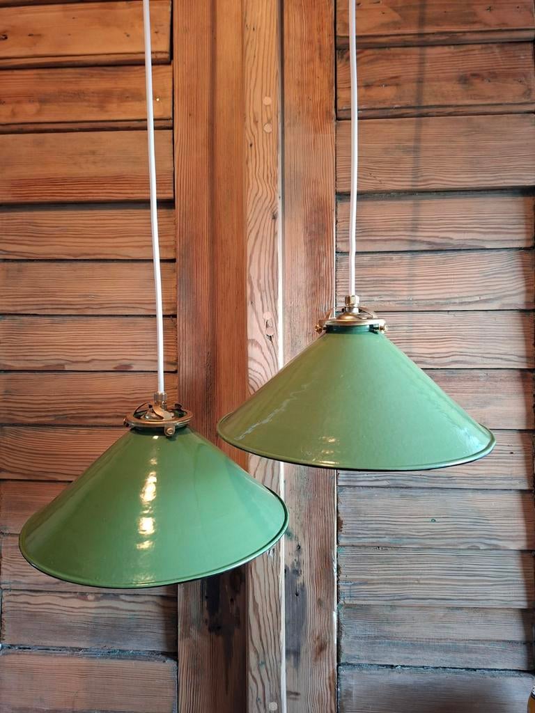 Groen emaille hanglampen , franse vintage hanglamp, Antiek en Kunst, Antiek | Lampen, Ophalen of Verzenden