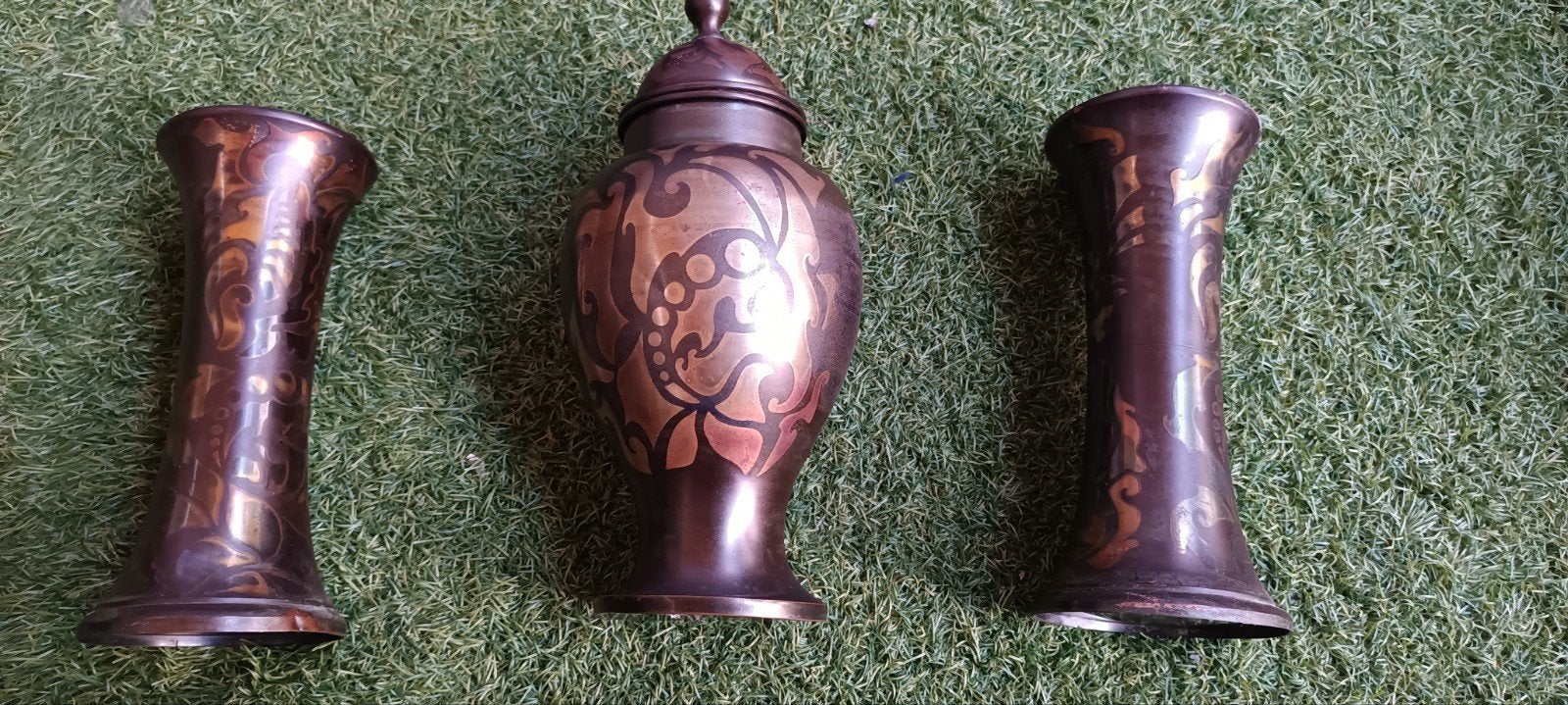 Metawa 3-delig gepatineerd tinnen art deco kaststel., Ophalen