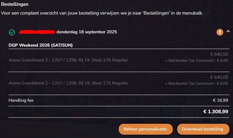 Dutch GP tickets (SAT/SUN) 2 tickets Arena 2 / € 625,-/st, Tickets en Kaartjes, Evenementen en Festivals, Twee personen