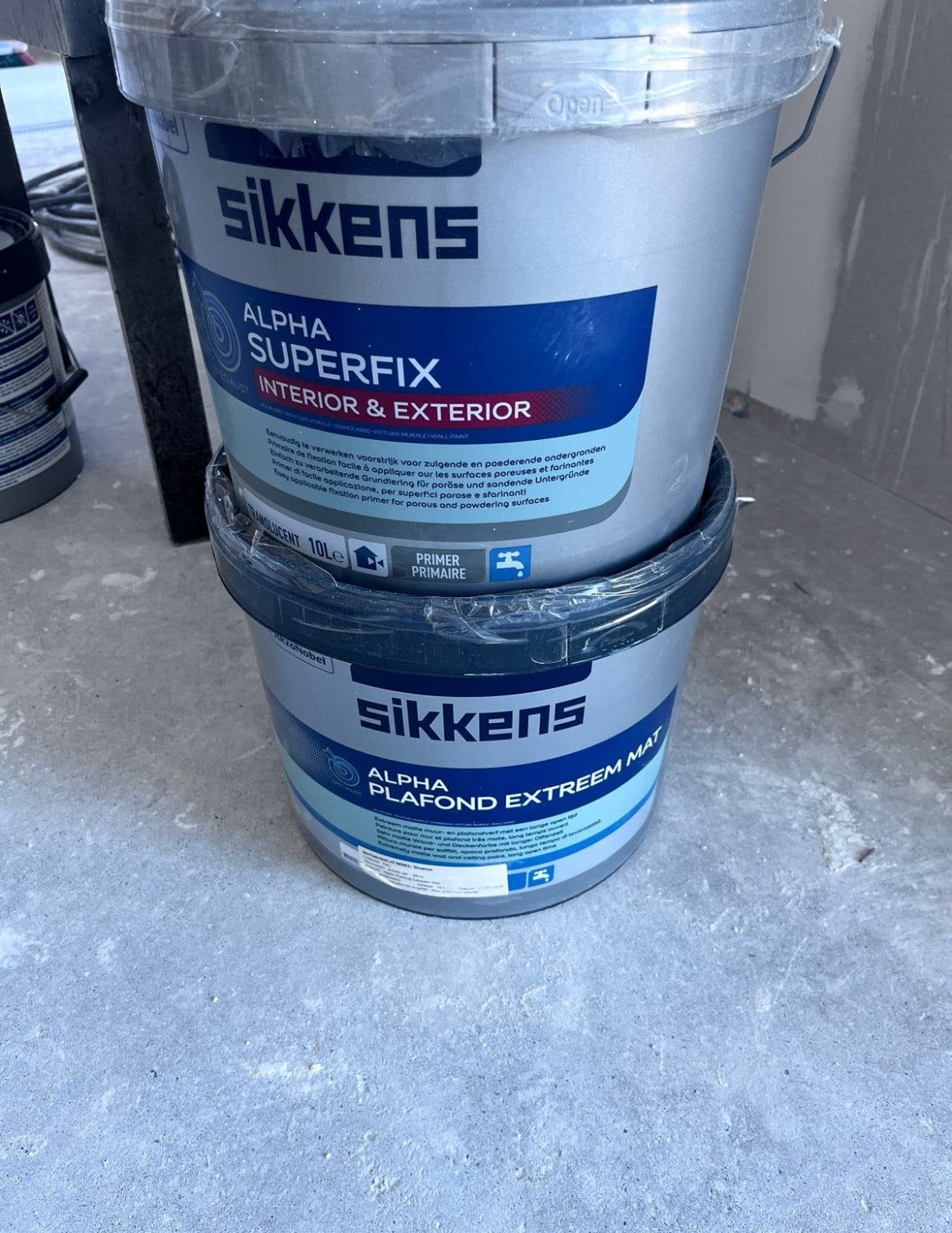 Twee emmers Sikkens Alpha Plafond Extreem Mat - 10L RAL 9010, 5 tot 10 liter, Wit, Nieuw, Ophalen of Verzenden