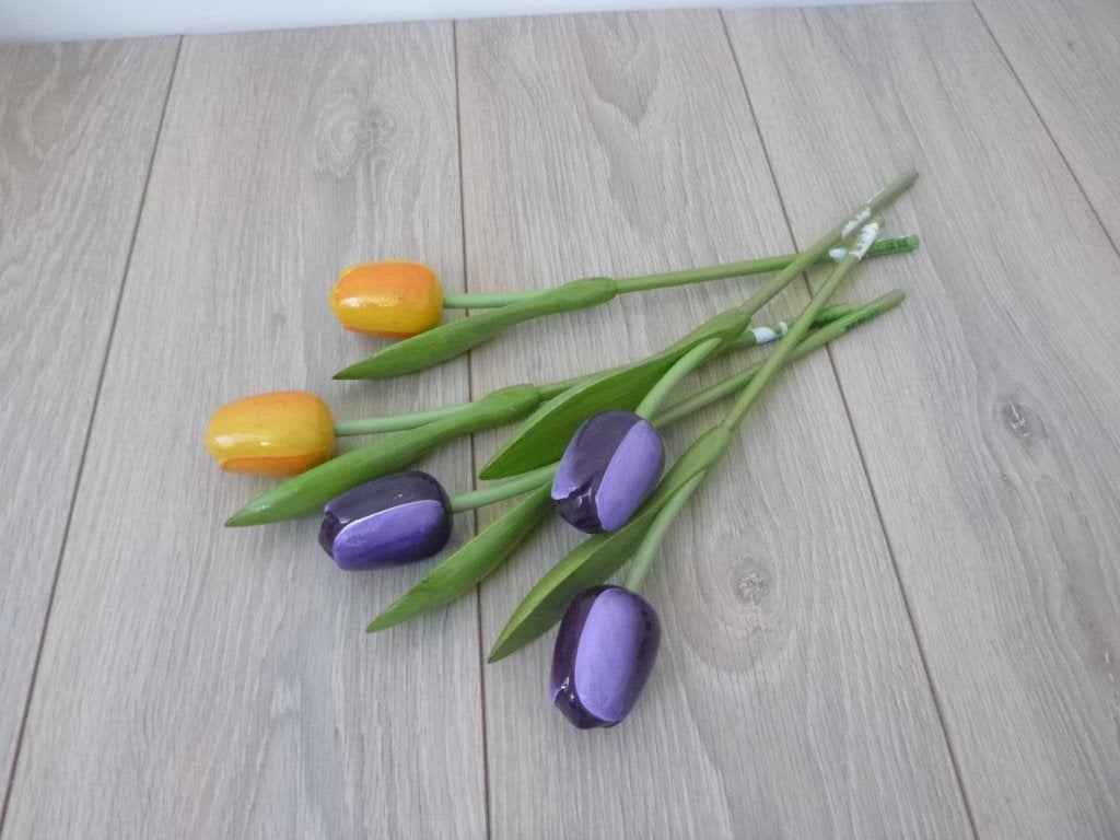 5 houten tulpen, paars/oranje afm. 33cm lang, nieuw, Ophalen of Verzenden, Nieuw, Hout