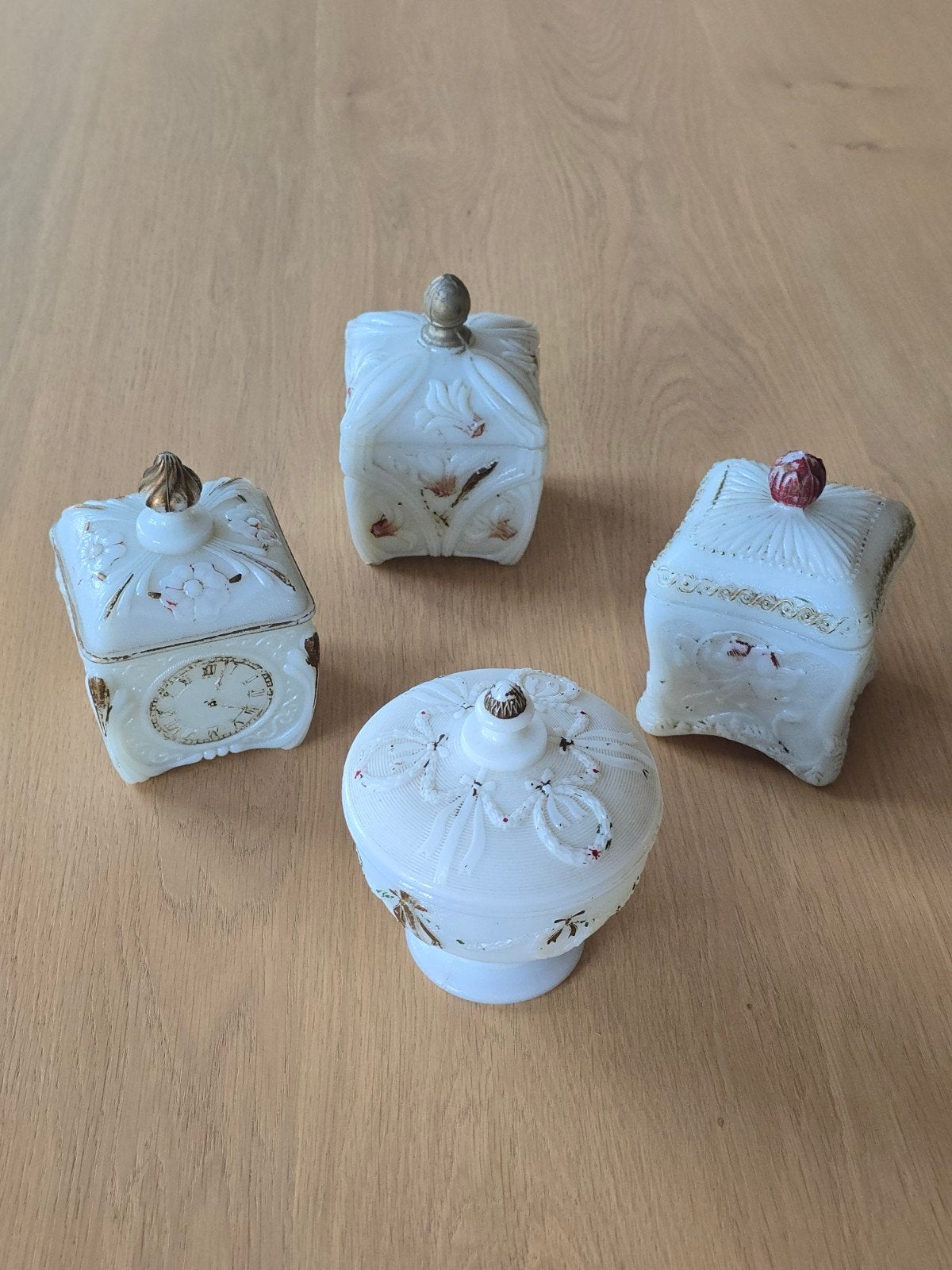 4 antieke kermis Potten - opaline glas - 193OS bonbonnière, Ophalen of Verzenden