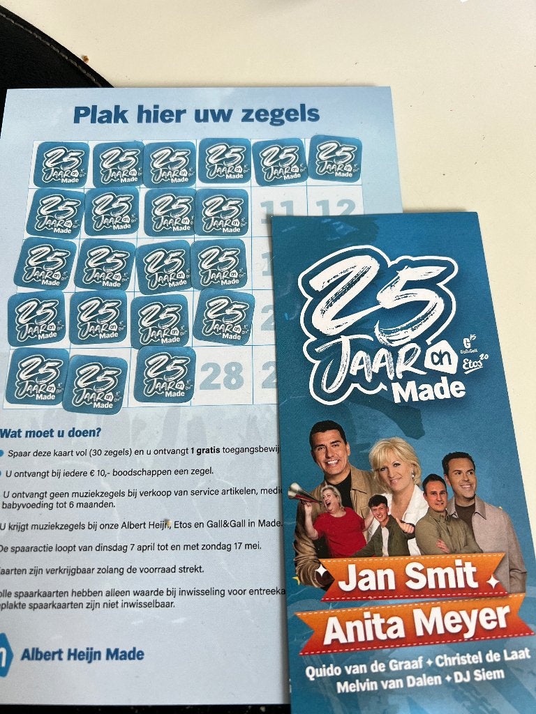25 jaar AH Made  entreekaart en zegels oa Jan Smit, Eén persoon, Kortingsbon, Overige typen