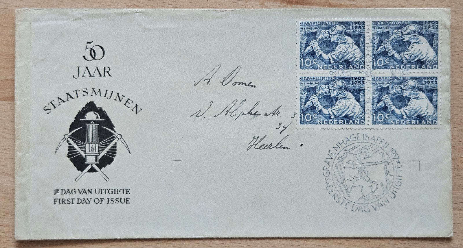FDC Nederland 50 jaar Staatsmijnen 1952, E8., Ophalen of Verzenden, Beschreven, Nederland