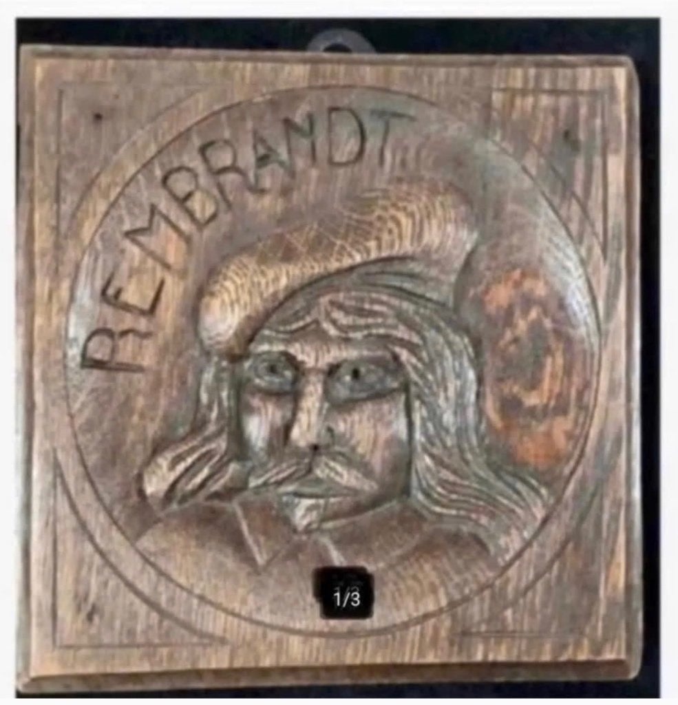 Brocante paneel Hout, Rembrandt, 17 x 17 x 2 cm, Ophalen of Verzenden