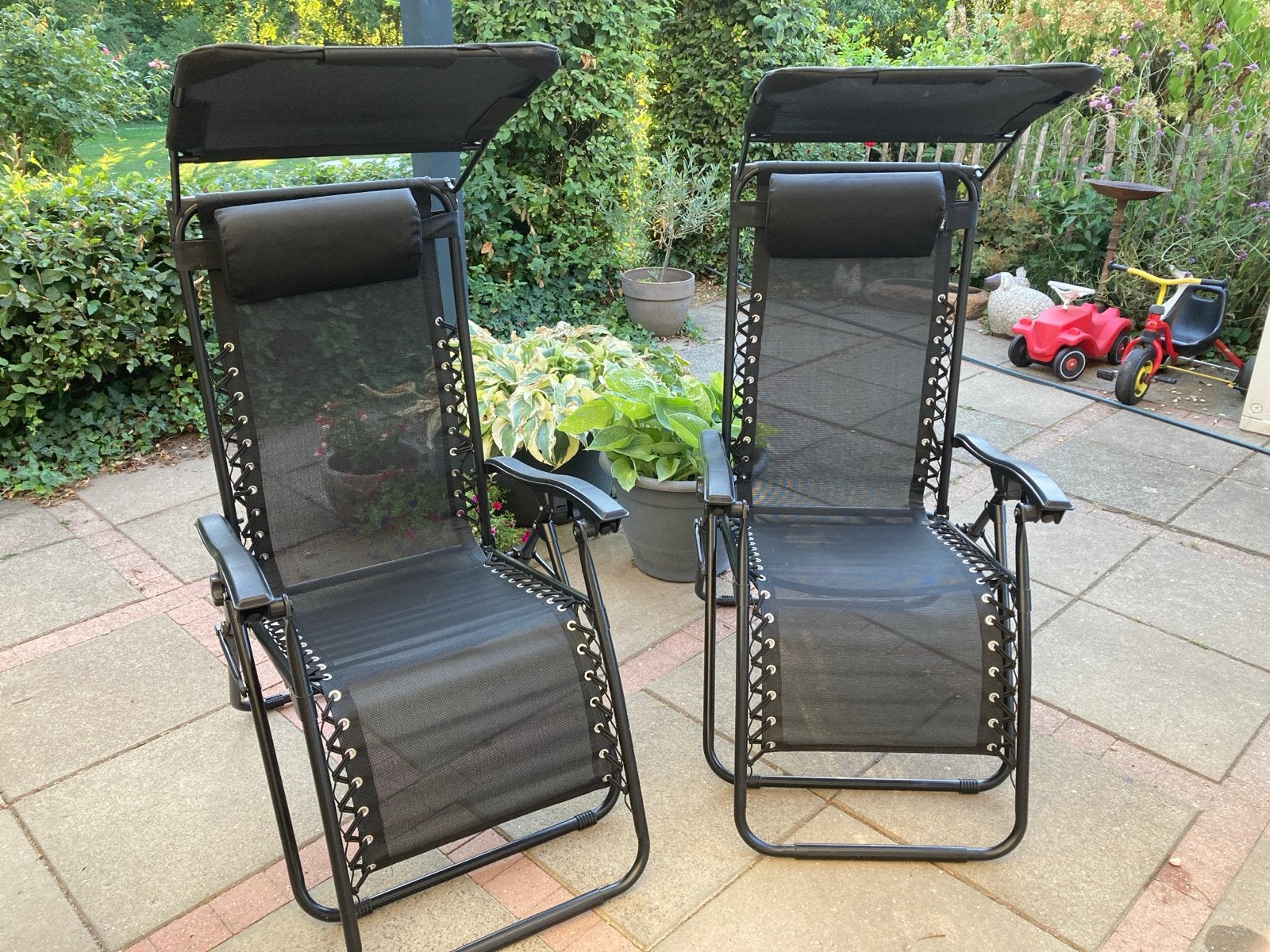 2x verstelbare tuinstoelen met zonnekap, Ophalen, Gebruikt, Metaal, Verstelbaar