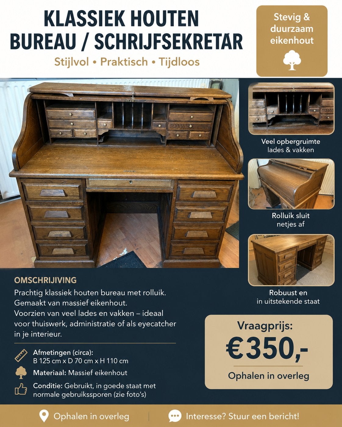 Klassiek houten bureau / schrijfsekretar met rolluik, Huis en Inrichting, Ophalen, Gebruikt, Secretaire, Klassiek
