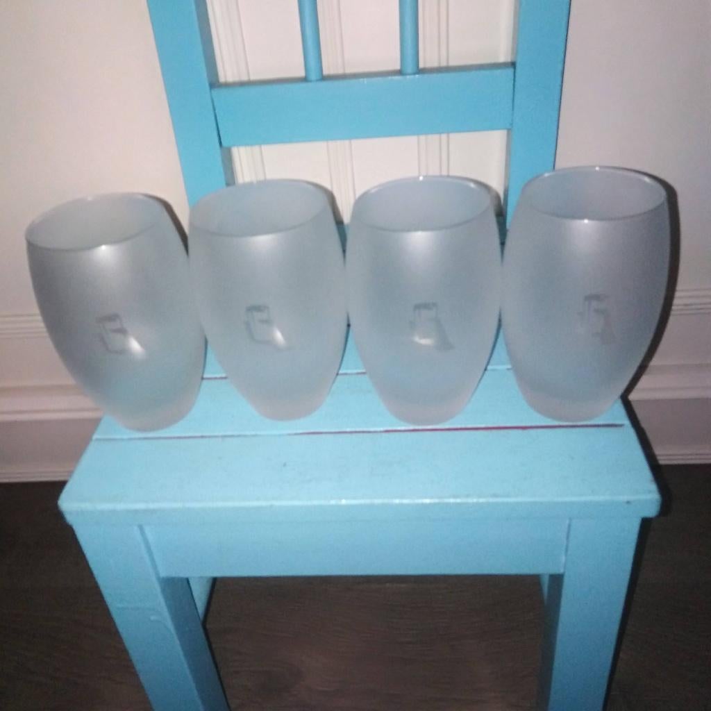 Chocomel glazen frozen / mat Proost set van 4 stuks, Ophalen, Glas of Glazen, Overige stijlen, Glas
