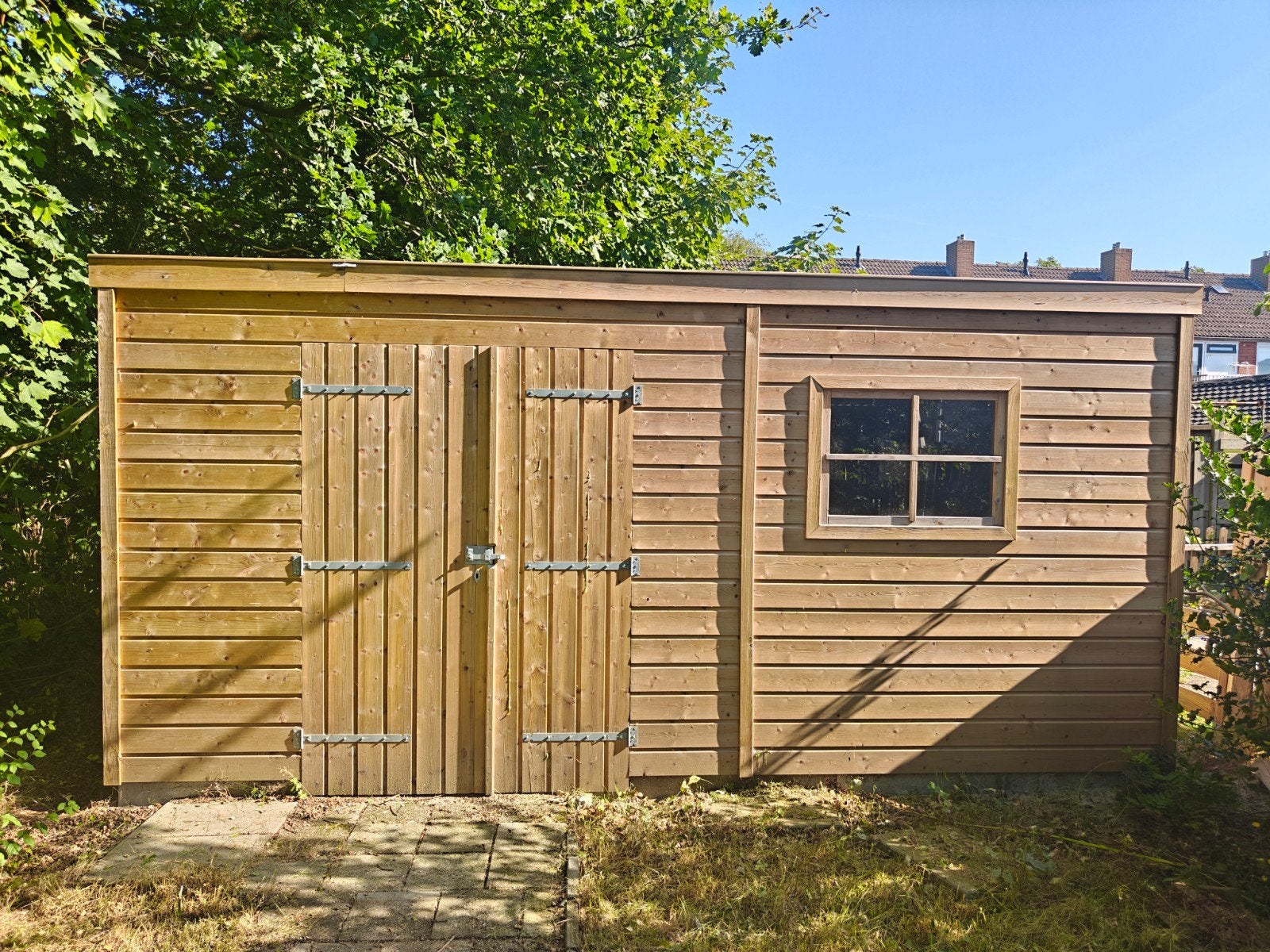 Ruime houten schuur 5mx4mx2.2m, Ophalen, Zo goed als nieuw, Hout