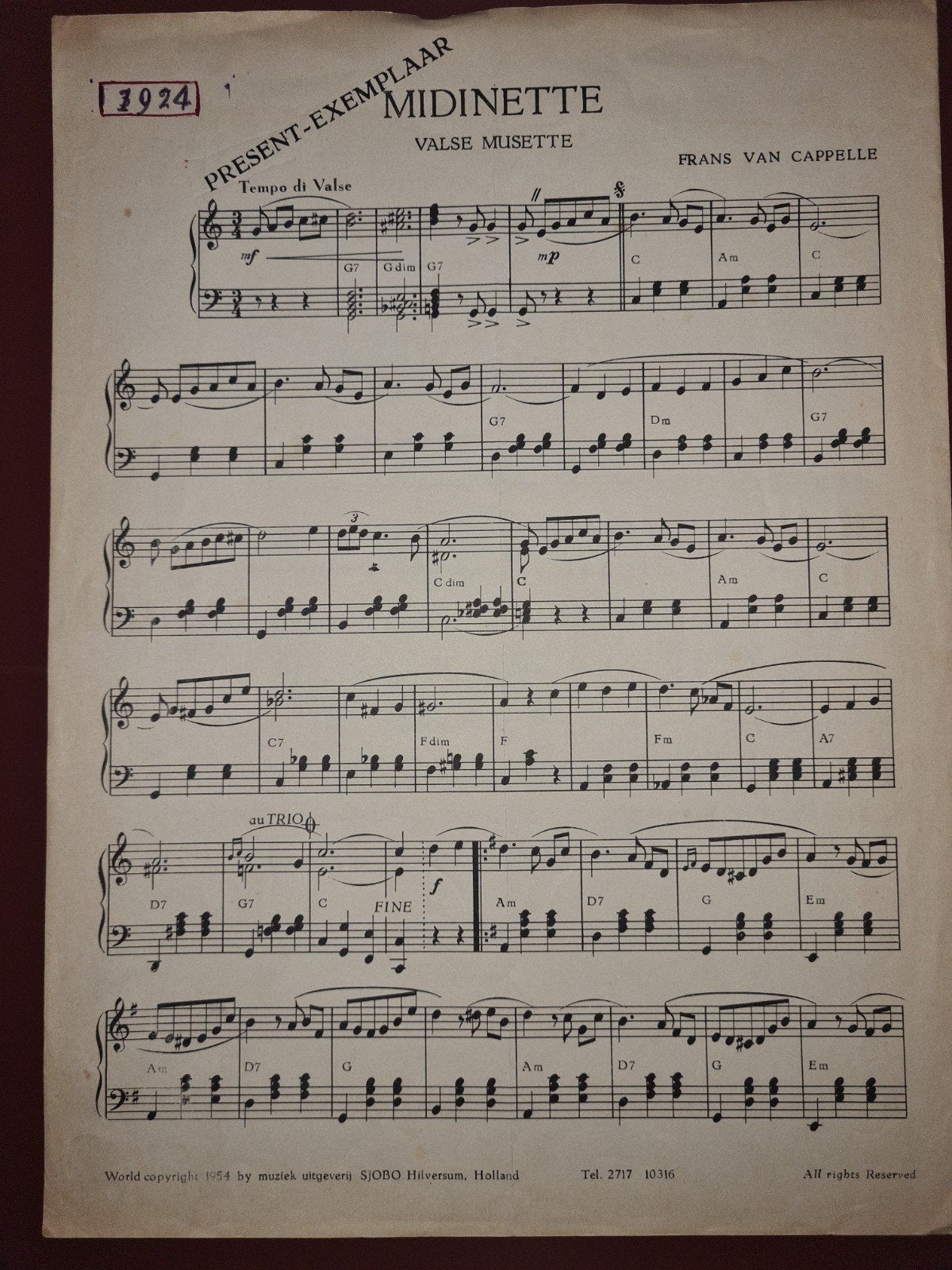 Midinetje - Valse Musette - Frans van Cappelle (bladmuziek), Gebruikt, Overige genres, Piano, Ophalen of Verzenden
