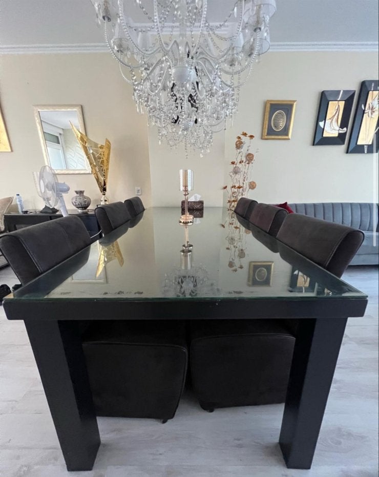 Zwarte eiken eettafel met glazen blad en 6 stoelen, Ophalen, Gebruikt, Eikenhout, 200 cm of meer