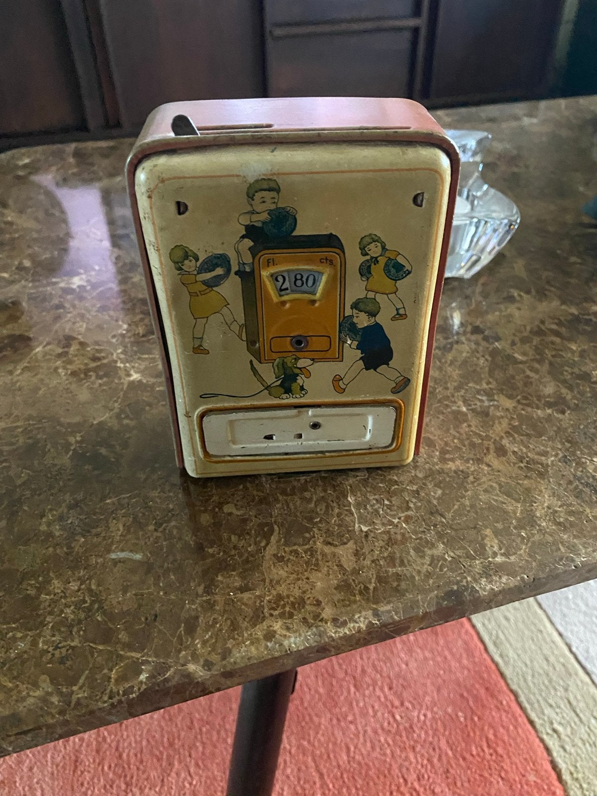 Vintage spaarpot met kinderillustraties, metaal, Verzamelen, Ophalen, Gebruikt, Metaal of Blik, Overige thema's