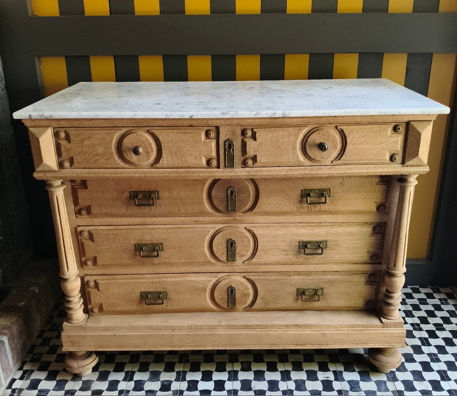 ❤️ Antiek eiken commode met lades en marmeren blad., Ophalen, 50 tot 70 cm, 90 tot 105 cm, 100 cm of meer