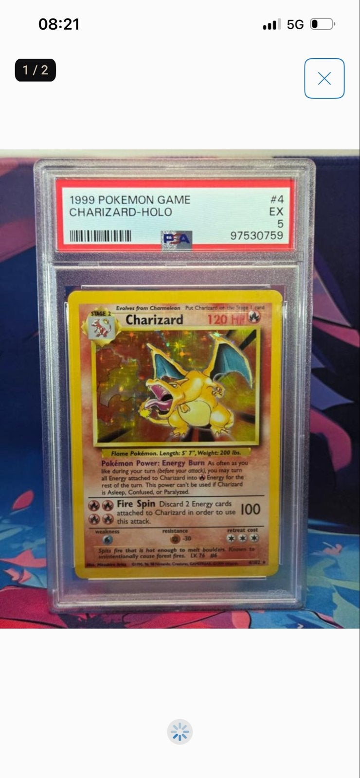 1999 Pokémon Charizard PSA 5, Ophalen of Verzenden, Gebruikt, Losse kaart, Foil