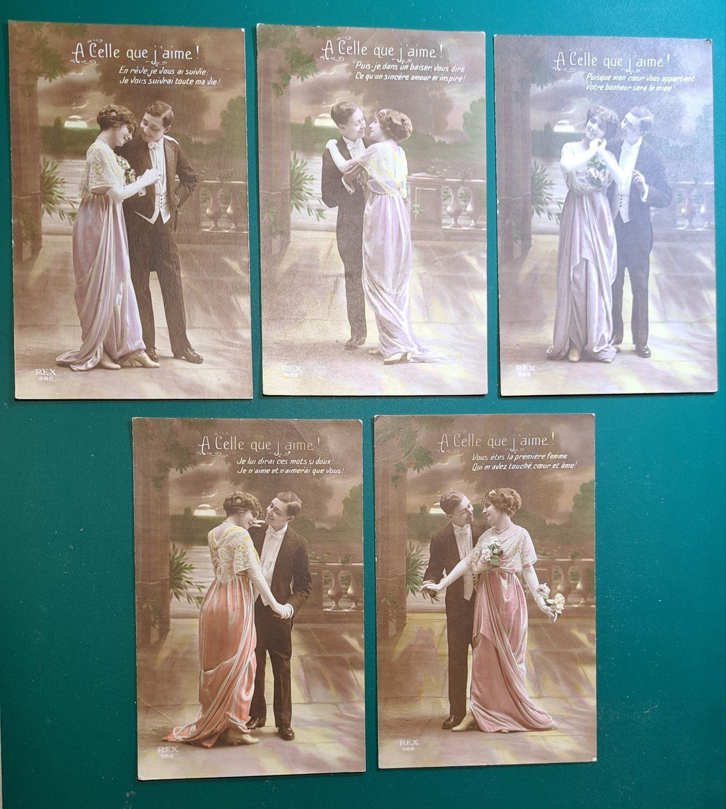 5 kaarten verliefd stel, paartje, mooie jurk, Belle Époque, Ophalen of Verzenden, Voor 1920