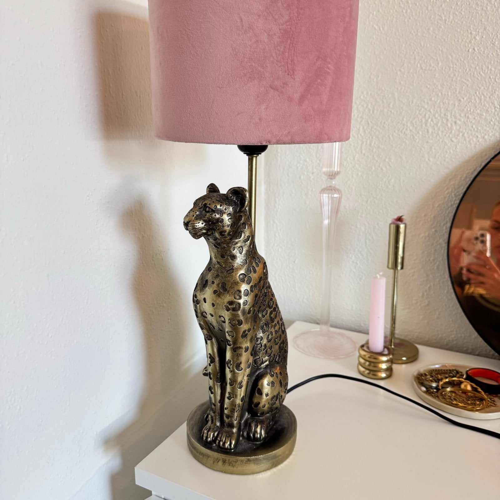 Tijgerlamp met roze lampenkap, Ophalen, Zo goed als nieuw, Metaal, 50 tot 75 cm