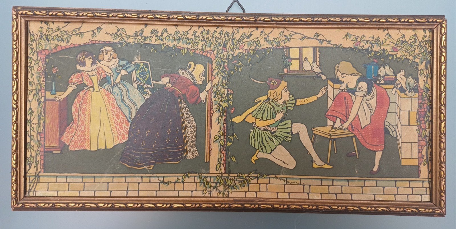 Oude prent Assepoester in professioneel gouden lijstje., Ophalen of Verzenden