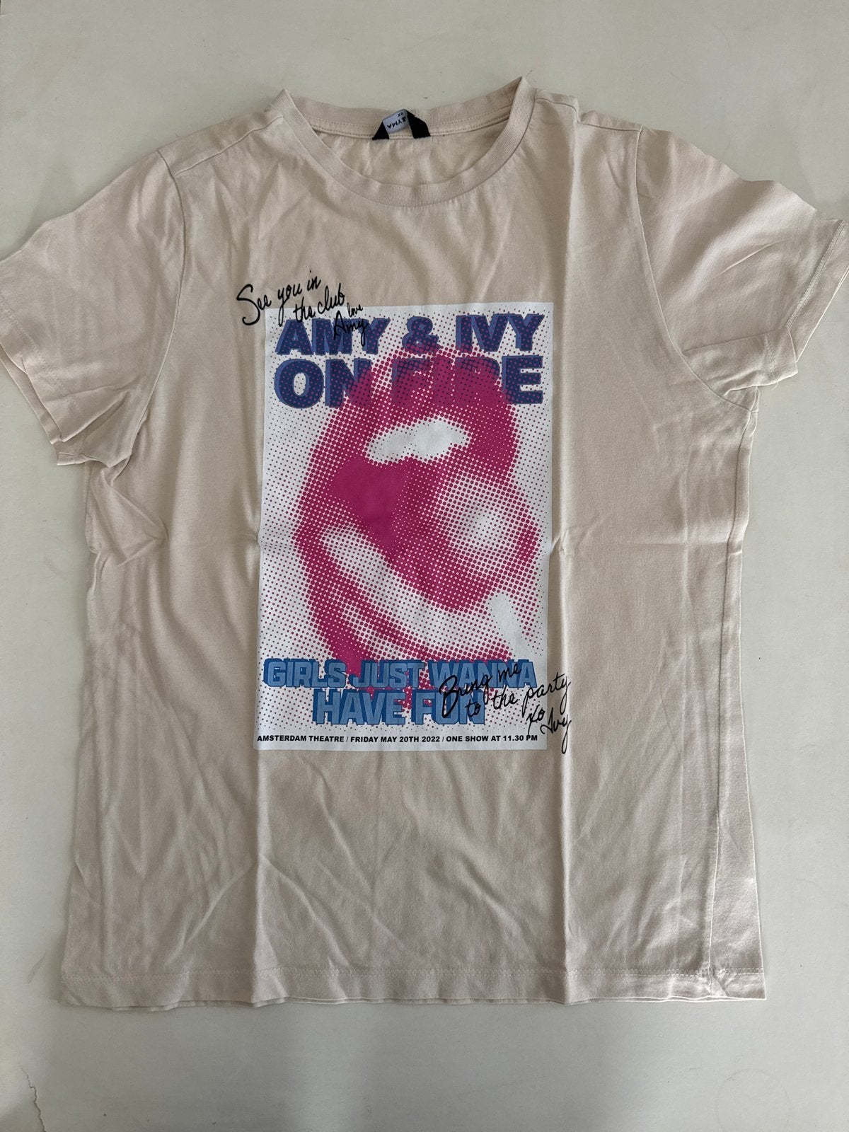Amy & Ivy T-shirt met print - Maat XS, Beige, Ophalen of Verzenden, Zo goed als nieuw, Korte mouw