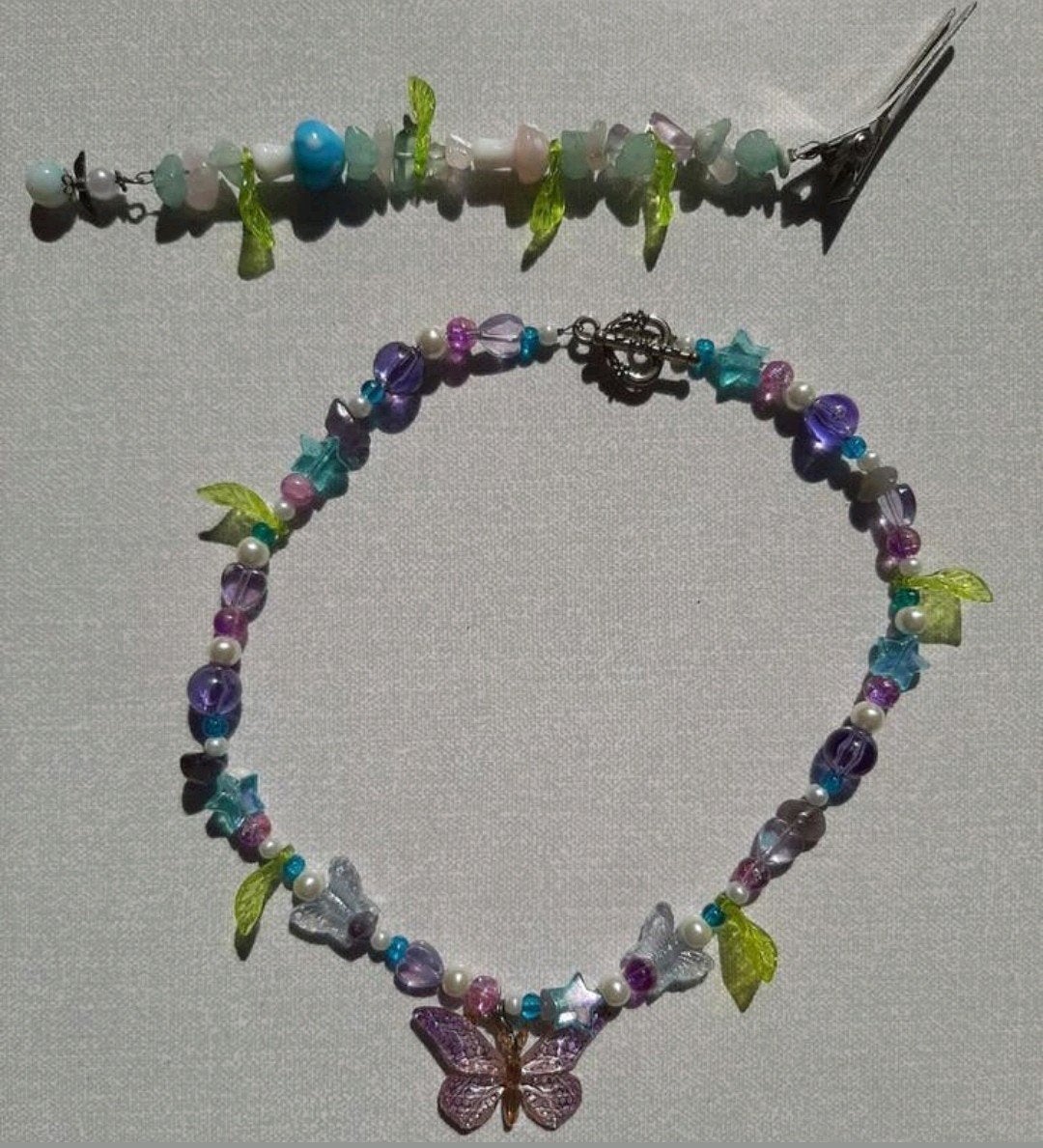 Set ketting en haar clip fairy bloemig vlinders handgemaakt, Met edelsteen, Nieuw, Ophalen of Verzenden, Roze