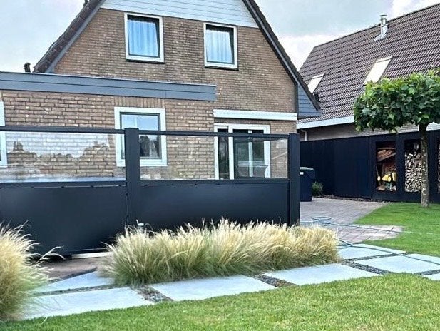 Z.g.a.n. 3 zwarte terrasscherm met glas voor terras of tuin, Gebruikt, Aluminium, Ophalen of Verzenden, 200 cm of meer
