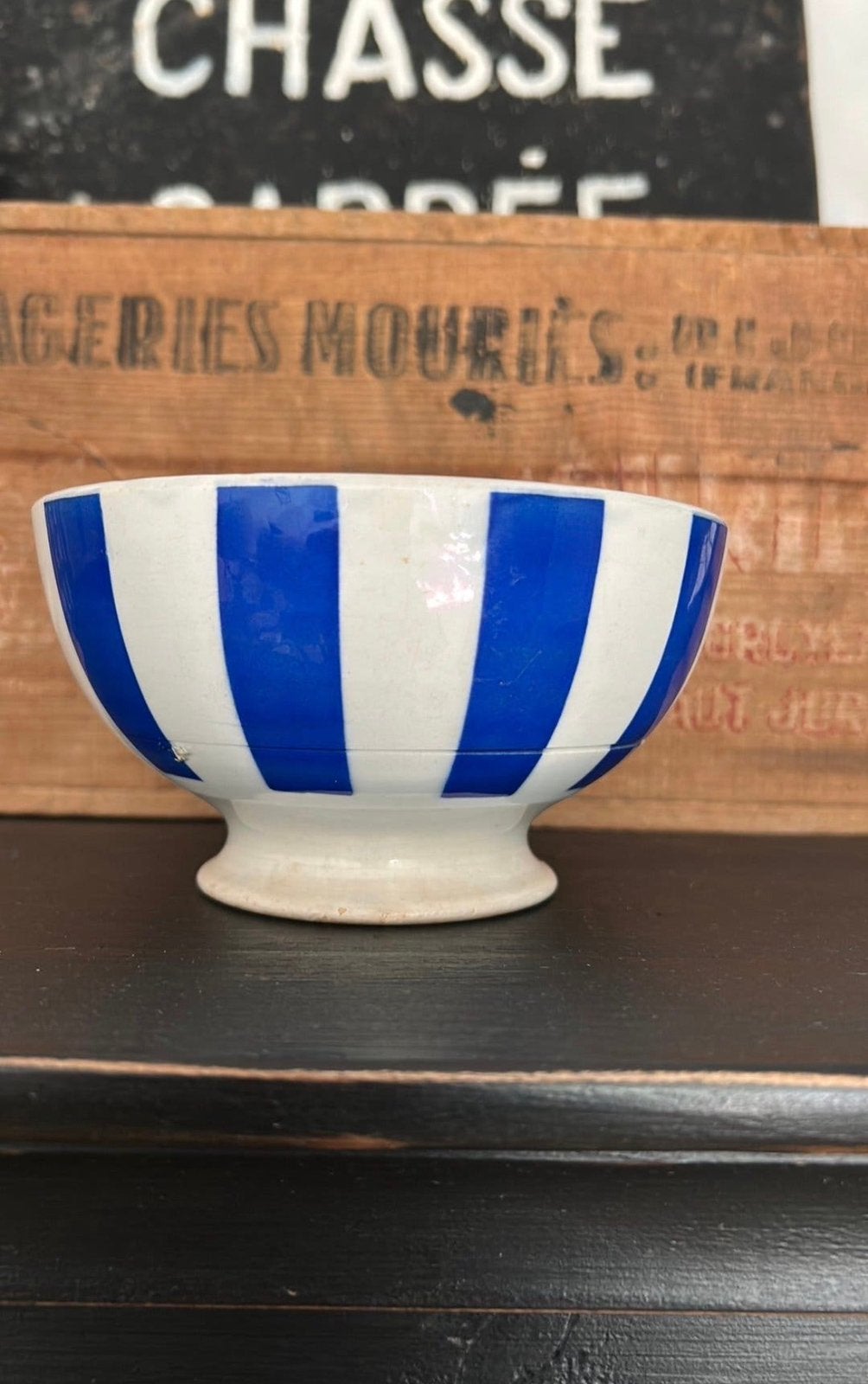 Franse spoelkom blauw / witte streep, Ophalen