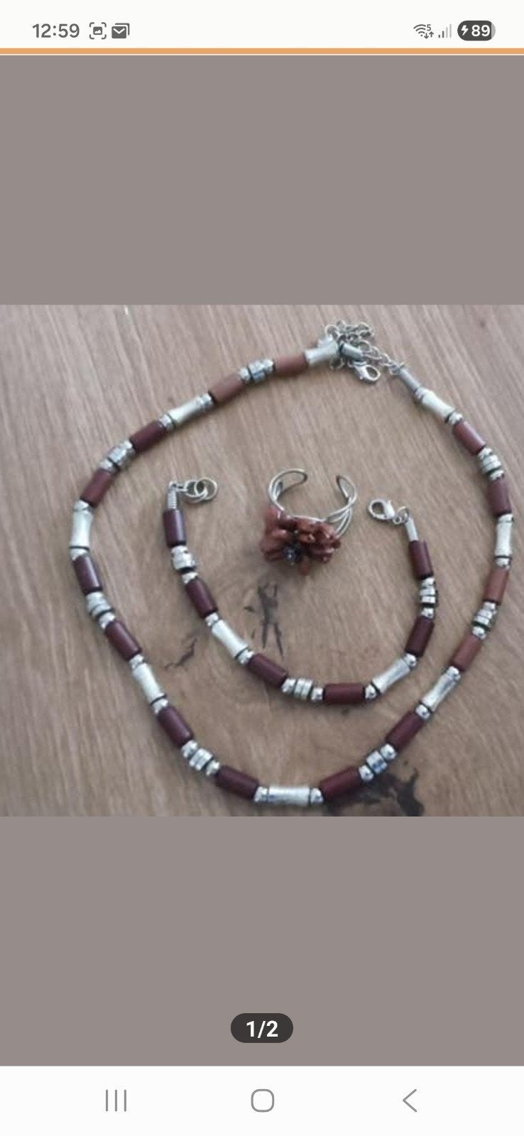 bruin/zilverkleurig setje ketting armband ring, Ophalen of Verzenden, Zo goed als nieuw, Bruin, Overige materialen