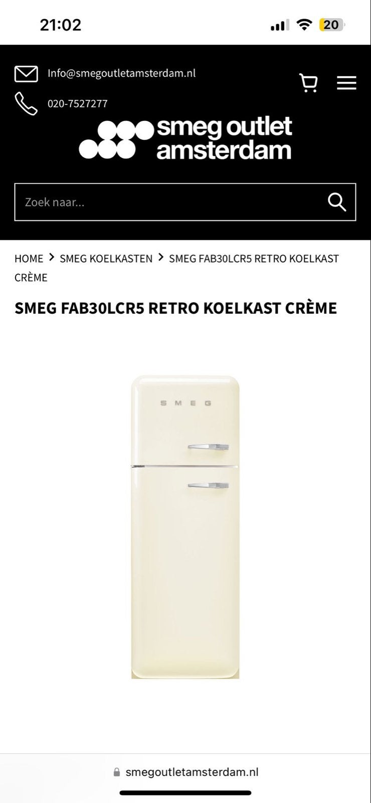Smeg FAB30LCR5 Retro Koelkast Crème - Zo goed als nieuw, 200 liter of meer, 60 cm of meer, Met aparte vriezer, Zo goed als nieuw