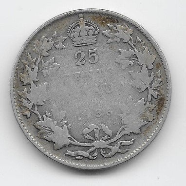Canada 25 cents 1936 KM# 24a, Verzenden, Noord-Amerika, Losse munt, Zilver