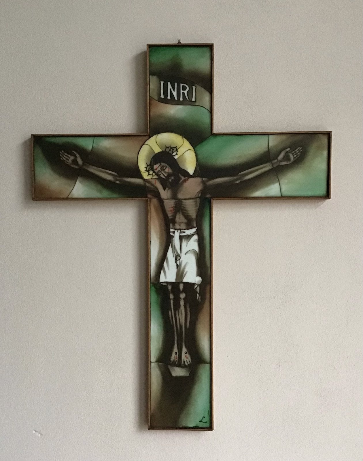 Groot grbrandschilderd opaline kruis  47x36 cm, Ophalen of Verzenden, Zo goed als nieuw