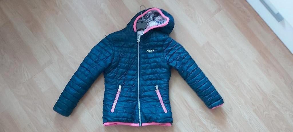 Vingino tussenjas blauw en reversible print - maat 128, Gebruikt, Meisje, Ophalen of Verzenden, Vingino