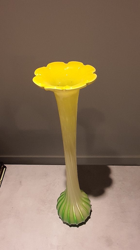 Grote vintage glazen bloemvaas geel groen Murano stijl, Ophalen of Verzenden