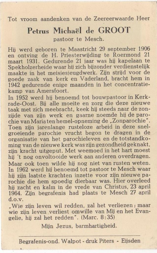 WO-2 pastoor Petrus de Groot 1906 Maastricht + 1962 Mesch, Verzamelen, Verzenden