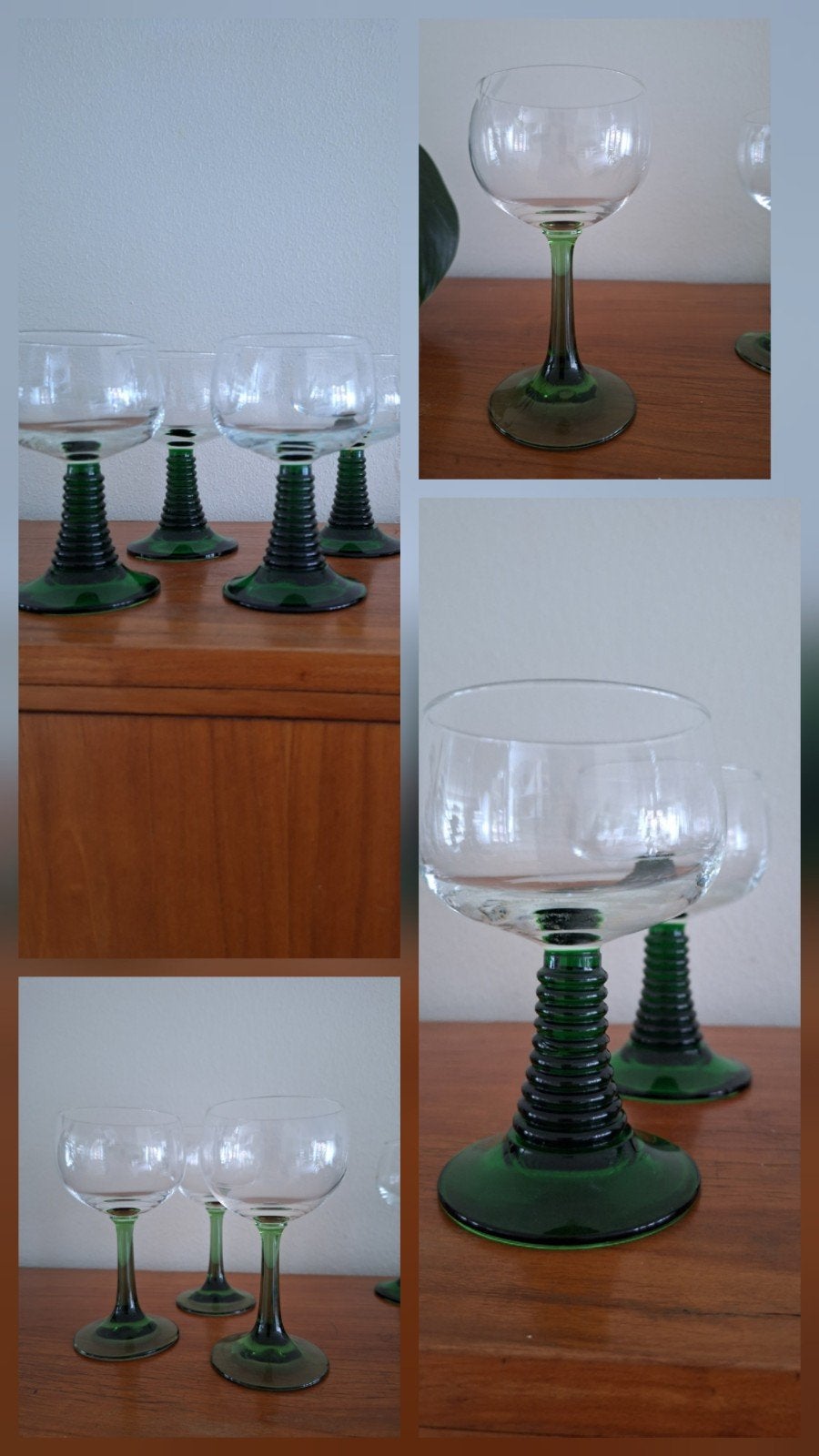 Vintage jaren '70 wijnglazen met groene voet, 8 stuks, Antiek en Kunst, Ophalen of Verzenden