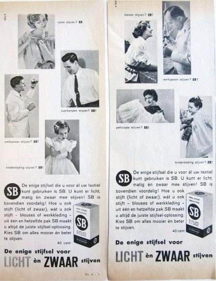 6 vintage advertenties reclames van SB stijfsel 1960, Verzamelen, Merken en Reclamevoorwerpen, Ophalen of Verzenden, Gebruikt