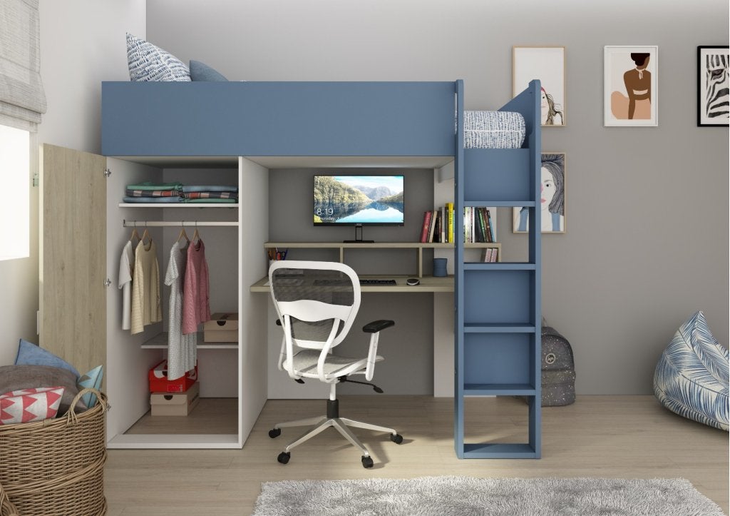 Flow hoogslaper met bureau en kast - 90x200 - Eiken/blauw, Niet ingevuld, Niet ingevuld, Niet ingevuld