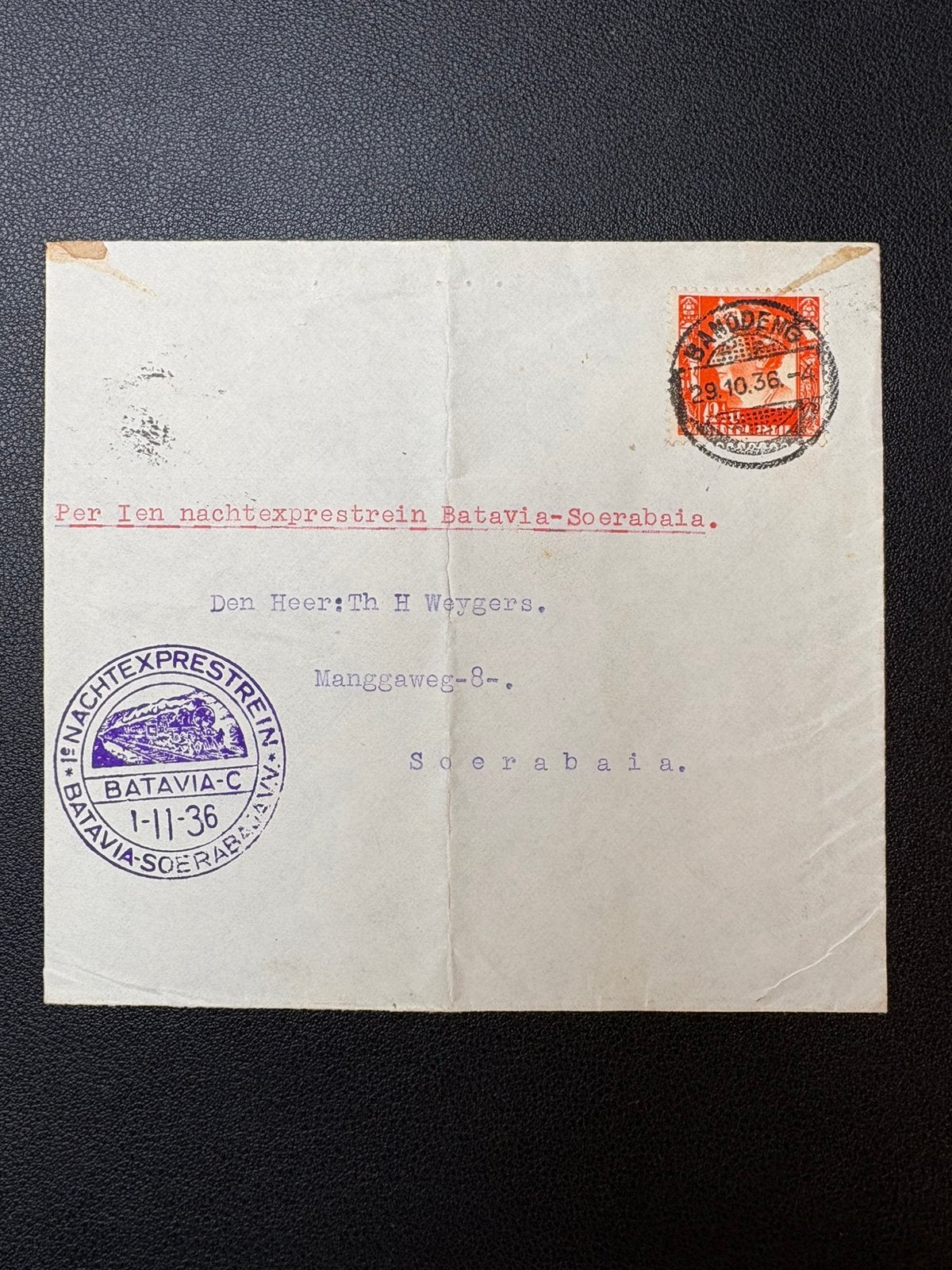 Envelop treinpost nachtexprestrein Batavia-Soerabaja (1936), Verzamelen, Ophalen of Verzenden, Gebruikt, Trein