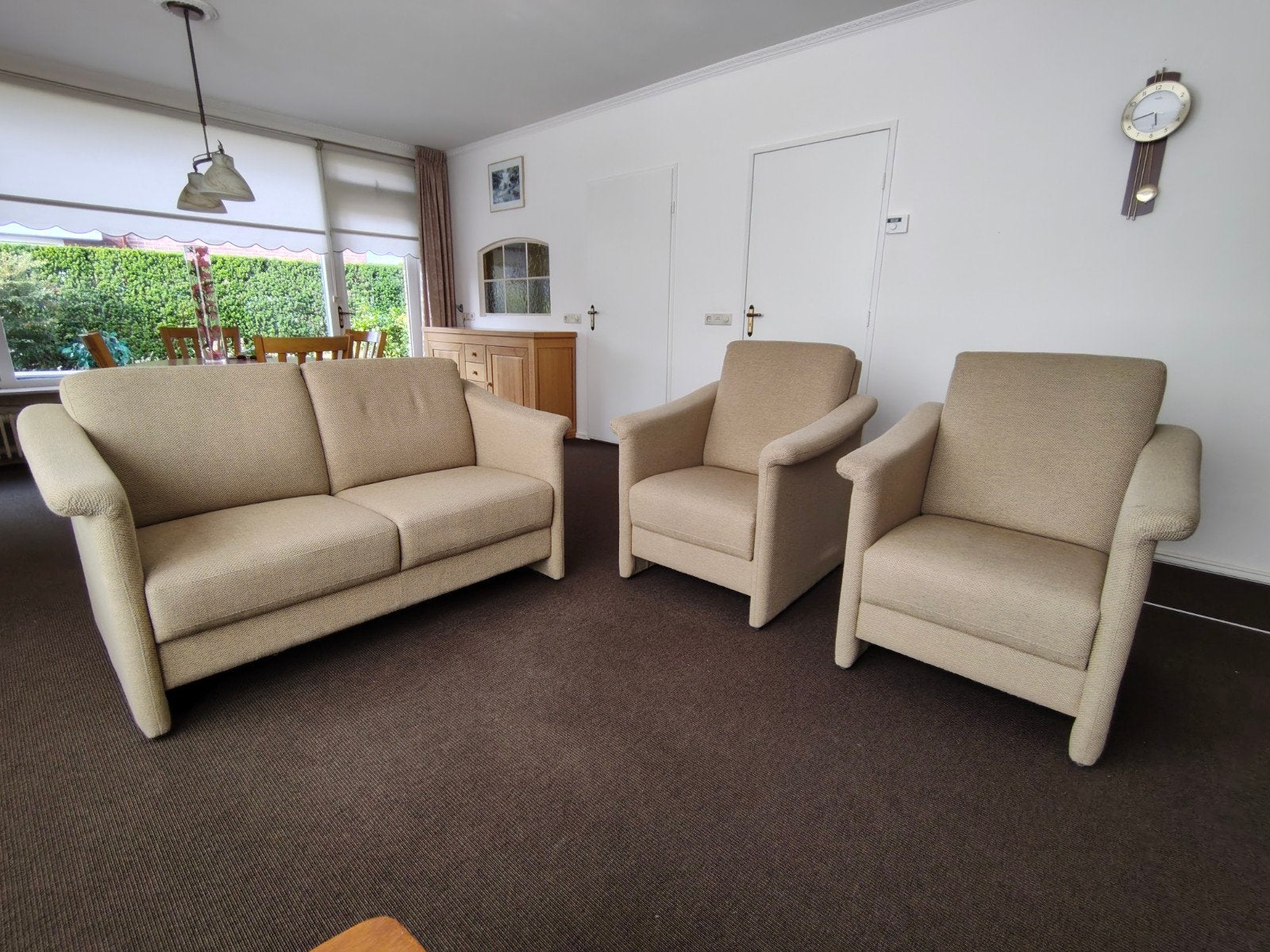 Complete zitset: 2-zitsbank en 2 fauteuils - Beige, Ophalen, Gebruikt, Stof, Tijdloos