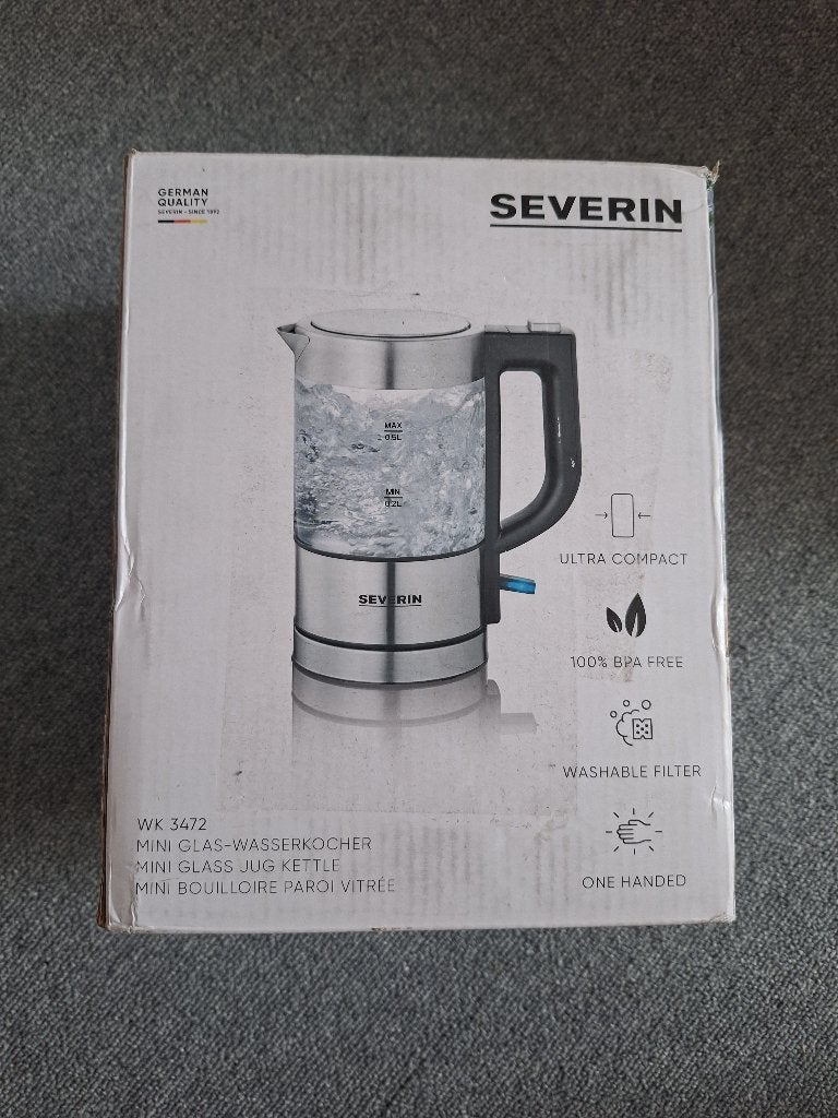 Severin WK 3472 mini glazen waterkoker 0,5L, met doos, Minder dan 1 liter, Ophalen of Verzenden, Zo goed als nieuw
